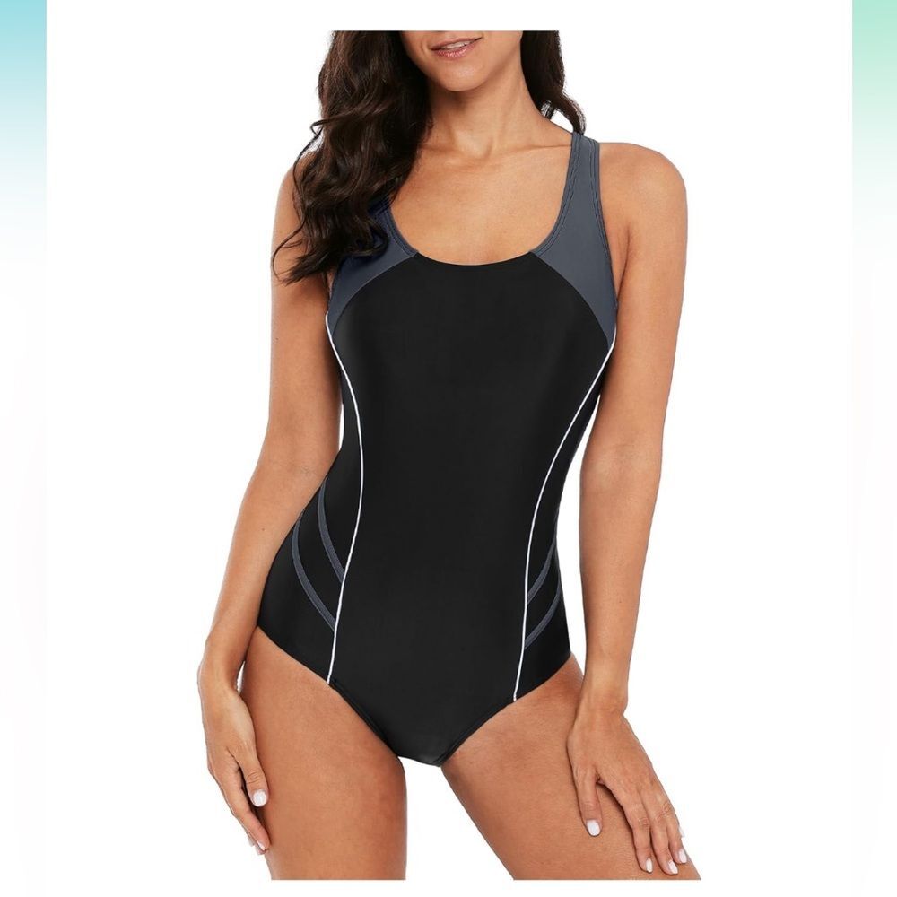 NWT Womens Black One Piece Swimsuit Athletic Bathing Suit Sz M